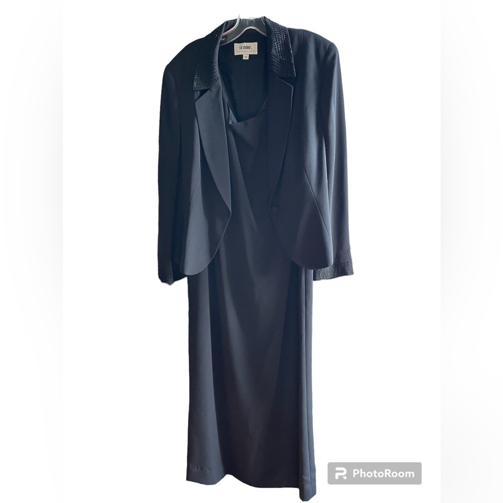 Size 14 cocktail dress /suit black  jacket / beading “A nite “ brand. High end.